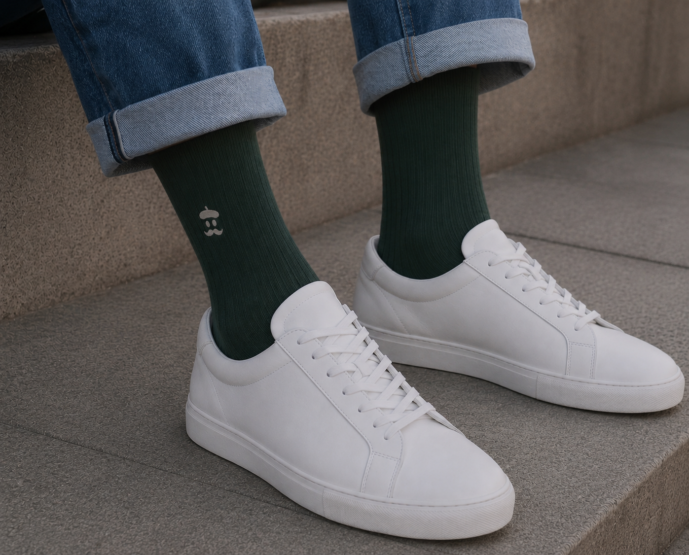 Forest green Sockrebleu socks worn with cuffed jeans and white leather sneakers